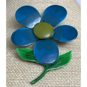 Vtg Retro Hippy Mod 60's Blue Enamel Metal Flower Brooch Asymmetrical Pin Spring